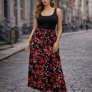 Vintage 90s Maxi skirt Black/red/cream floral Column Pull-on Dark romantic XL